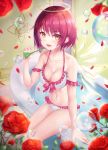  1girl :d absurdres arknights bare_shoulders bathtub bikini blurry breasts bubble cleavage collarbone depth_of_field exusiai_(arknights) flower frilled_bikini frills halo halter_top halterneck hand_up highres holding looking_at_viewer medium_breasts navel open_mouth orange_eyes petals purple_hair red_flower rose short_hair sidelocks sitting slit_pupils smile solo swimsuit thighs wakum water white_bikini wings 