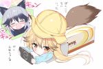 2girls :d =_= animal_ear_fluff animal_ears bangs blonde_hair blush box brown_eyes chibi chibi_inset closed_eyes commentary_request eyebrows_visible_through_hair ezo_red_fox_(kemono_friends) fox_ears fox_tail grey_hair hair_between_eyes handheld_game_console hat heart in_box in_container kemono_friends kindergarten_uniform long_hair long_sleeves looking_at_viewer lying multicolored_hair multiple_girls on_stomach open_mouth oversized_object school_hat silver_fox_(kemono_friends) simple_background smile spoken_heart tail takahashi_tetsuya tissue_box translation_request 