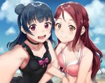  2girls absurdres black_swimsuit blue_hair breasts highres long_hair looking_at_viewer love_live! love_live!_school_idol_project love_live!_sunshine!! multiple_girls open_mouth pink_eyes pink_swimsuit qwyte red_hair sakurauchi_riko smile swimsuit tsushima_yoshiko yellow_eyes yuri 