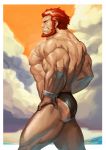  1boy absurdres ass bara beach beard bracelet chest cloud cloudy_sky facial_hair fate/grand_order fate_(series) hand_on_hip highres jewelry looking_to_the_side male_focus male_swimwear muscle pectorals red_eyes red_hair rider_(fate/zero) simple_background sky smile solo standing swim_briefs swimsuit swimwear teeth thighs traver009 