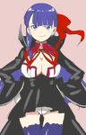  1girl alternate_costume aoba_(smartbeat) bangs bb_(fate)_(all) bb_(fate/extra_ccc) blue_eyes blunt_bangs breasts choker cleavage commentary_request earrings fate/grand_order fate_(series) hair_ribbon jewelry large_breasts long_hair long_sleeves pink_background purple_hair red_ribbon ribbon saint_martha smile solo 
