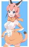  1girl :d animal_ear_fluff animal_ears blue_background blue_eyes border bow bowtie caracal_(kemono_friends) caracal_ears caracal_tail center_frills commentary cowboy_shot elbow_gloves extra_ears gloves high-waist_skirt highres kemono_friends long_hair looking_at_viewer open_mouth orange_neckwear pink_hair shirt simple_background skirt sleeveless sleeveless_shirt smile solo thighhighs user_cpfg3235 white_border white_shirt 