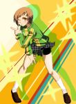  1girl bike_shorts brown_eyes brown_hair commentary_request graphite_(medium) jacket looking_at_viewer millipen_(medium) one_eye_closed onnaski persona persona_4 pose satonaka_chie school_uniform short_hair skirt solo track_jacket traditional_media 