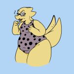  1:1 alphys anthro belly blush bodily_fluids breasts clothing eyewear female gibble_king glasses huge_thighs looking_at_viewer nervous non-mammal_breasts open_mouth overweight overweight_female reptile scalie small_breasts solo sweat sweatdrop swimwear thick_tail thick_thighs undertale video_games wide_hips 