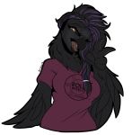  2019 alpha_channel avian beak bird black_beak black_feathers black_hair braided_hair breasts clothed clothing digital_media_(artwork) feathered_wings feathers female furkinghell hair hi_res open_mouth purple_hair simple_background solo tongue transparent_background wings yellow_eyes 