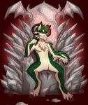  2019 4_toes 5_fingers anthro black_sclera canid canine canis citrinelle curved_horn digital_media_(artwork) fingers fur green_fur green_hair hair hi_res horn looking_at_viewer male mammal red_eyes simple_background sitting solo toes white_fur wolf 