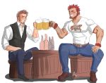  2boys abeberries beard blush bottle brown_hair chest closed_eyes cup drinking_glass facial_hair fate/grand_order fate_(series) hand_on_own_thigh highres long_sleeves male_focus multiple_boys muscle napoleon_bonaparte_(fate/grand_order) pectorals red_hair rider_(fate/zero) scar simple_background smile teeth uniform 