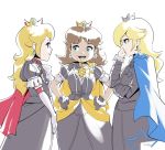 3girls black_dress black_gloves blonde_hair blue_eyes brown_hair cape crown dress earrings elbow_gloves fire_emblem fire_emblem:_three_houses gloves hands_on_hips highres jewelry long_hair looking_at_another mario_(series) mini_crown multiple_girls parody princess_daisy princess_peach puff_and_slash_sleeves puffy_short_sleeves puffy_sleeves rosalina short_sleeves simple_background stup-jam white_background white_gloves 