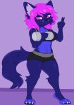  anthro blue_fur canid canine clothed clothing female fur hair hi_res looking_at_viewer mammal nickii pink_hair simple_background solo standing 