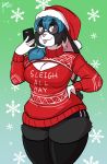  absurd_res blush breasts cellphone christmas cleavage clothed clothing eyewear female glasses hi_res holidays jwinkz lagomorph leporid mammal phone rabbit solo sweater tongue tongue_out topwear 