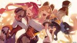  3girls armpit_peek artist_request bare_shoulders black_hair blonde_hair blue_ribbon breasts closed_eyes collarbone commentary company_name dragalia_lost fang goggles goggles_on_head hair_ornament hair_ribbon hairpin large_breasts long_hair mittens multiple_girls official_art open_mouth pink_hair ramona_(dragalia_lost) rena_(dragalia_lost) renee_(dragalia_lost) ribbon shadow siblings simple_background sisters small_breasts smile very_long_hair watermark white_background 