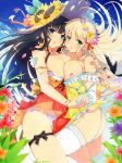  2girls absurdres bangs bare_shoulders bird blue_eyes blue_sky blush bow bracelet breast_press breasts cleavage collarbone day earrings elbow_gloves eyebrows_visible_through_hair flower garter_straps gloves hair_flower hair_ornament hat hat_flower hat_ribbon head_wreath highres holding_hands hoop_earrings ikaruga_(senran_kagura) jewelry large_breasts long_hair looking_at_viewer multiple_girls official_art open_mouth outdoors panties petals plaid plaid_ribbon ribbon senran_kagura senran_kagura_new_wave shiny shiny_hair shiny_skin sky smile sparkle straw_hat sun_hat sunflower surprised symmetrical_docking thigh_ribbon thighhighs underwear white_gloves white_legwear white_panties yaegashi_nan yomi_(senran_kagura) 