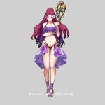  1girl bikini breasts cleavage closed_mouth commentary conope fire_emblem fire_emblem_heroes flower full_body grey_background hair_flower hair_ornament holding holding_wand large_breasts loki_(fire_emblem) long_hair navel ponytail purple_eyes purple_hair simple_background smile solo swimsuit wand 