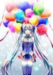  1girl absurdres arms_behind_back backlighting balloon bangs bare_shoulders black_legwear black_skirt blue_background blue_hair blue_neckwear blurry bokeh breasts bubble colorful commentary confetti cowboy_shot depth_of_field detached_sleeves dot_nose eyebrows_visible_through_hair gradient gradient_background grey_background grey_shirt happy hatsune_miku heart_balloon highres long_hair looking_at_viewer necktie pleated_skirt shaded_face shirayuki_towa shirt simple_background skirt sleeveless sleeveless_shirt small_breasts smile solo thighhighs twintails very_long_hair vocaloid white_background zettai_ryouiki 