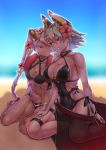  2girls abs absurdres beach black_swimsuit blue_sky breasts cleavage collarbone commentary_request criss-cross_halter dark_skin fire_emblem fire_emblem_heroes flower fukadumeasadume gradient_hair green_hair hair_between_eyes hair_flower hair_ornament halterneck highres holding_hands horned_headwear kneeling laegjarn_(fire_emblem) laevatein_(fire_emblem) large_breasts long_hair multicolored_hair multiple_girls muscle ocean one-piece_swimsuit orange_hair pink_hair red_eyes red_flower short_hair siblings sisters sitting sky swimsuit thigh_strap twintails 