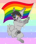  2019 black_hair canid canine canis citrinelle digital_media_(artwork) domestic_dog fur grey_fur hair lgbt_pride looking_at_viewer mammal open_mouth paws pride_colors simple_background smile solo teeth tongue yellow_eyes 