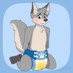  1:1 2019 absurd_res anthro arms_tied blush bodily_fluids bound canid canine canis cas chest_tuft diaper genital_fluids hi_res kneeling looking_at_viewer male mammal simple_background solo tuft urine wet_diaper wetting wolf 