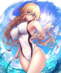  1girl bangs blonde_hair blue_eyes blue_sky blush braid breasts cloud competition_swimsuit covered_navel day eyebrows_visible_through_hair fate/grand_order fate_(series) glasses hair_between_eyes hairband hand_up holding holding_hula_hoop hoop hula_hoop jeanne_d&#039;arc_(fate)_(all) jeanne_d&#039;arc_(swimsuit_archer) large_breasts long_hair looking_at_viewer one-piece_swimsuit outdoors sidelocks single_braid sky smile solo splashing swimsuit taut_clothes taut_swimsuit untsue very_long_hair wading whistle whistle_around_neck white_swimsuit 