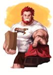  1boy absurdres bara beard chocolate facial_hair fate/grand_order fate_(series) highres looking_at_viewer male_focus muscle one_eye_closed red_hair rider_(fate/zero) shirt shorts simple_background smile t-shirt teeth traver009 upper_body valentine 