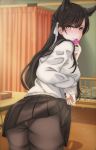  1girl animal_ears atago_(azur_lane) atago_(school_daydream)_(azur_lane) azur_lane bangs black_hair black_legwear black_sailor_collar black_skirt blush breasts condom condom_in_mouth condom_wrapper extra_ears eyebrows_visible_through_hair from_behind hair_ribbon indoors infirmary large_breasts lifted_by_self long_hair looking_at_viewer looking_back mole mole_under_eye mouth_hold osoishoya panties panties_under_pantyhose pantyhose pleated_skirt ribbon sailor_collar school_uniform skirt skirt_lift smile solo standing swept_bangs thighband_pantyhose underwear white_ribbon 