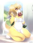  2019 animal_crossing anthro blush breasts canid canine canis clothed clothing domestic_dog female fur hair hi_res isabelle_(animal_crossing) mammal navel nintendo shih_tzu slightly_chubby solo toy_dog tsampikos undressing video_games yellow_fur 