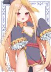  1girl abigail_williams_(fate/grand_order) alternate_costume bangs black_headwear blush bow breasts commentary_request eyebrows_visible_through_hair eyes_visible_through_hair fang fate/grand_order fate_(series) frills hat highres kamu_(geeenius) long_hair long_sleeves looking_at_viewer no_bra no_panties orange_bow parted_bangs red_eyes skin_fang sleeves_past_fingers sleeves_past_wrists small_breasts solo very_long_hair 