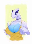  2019 anthro breasts cleavage clothed clothing female kheltari legendary_pok&eacute;mon lugia nintendo pok&eacute;mon pok&eacute;mon_(species) simple_background smile solo video_games 