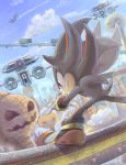  1boy artist_request blue_sky clenched_teeth cloud flying grinding highres mountain pumpkin railing robot shadow_the_hedgehog sky sonic_adventure_2 sonic_the_hedgehog teeth 