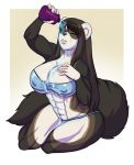  abs anthro big_breasts bikini breasts clothed clothing domestic_ferret eyes_closed female hair hi_res kneeling lavenderpandy mammal muscular muscular_female mustela mustelid musteline nipple_outline solo swimwear thick_thighs water_bottle wide_hips 