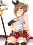  1girl :o atelier_(series) atelier_ryza belt blush breasts brown_eyes brown_gloves brown_hair brown_legwear cleavage commentary_request eyebrows_visible_through_hair gloves hair_between_eyes hair_ornament hairclip hat highres hot jewelry large_breasts looking_at_viewer navel necklace red_shorts reisalin_stout short_hair short_shorts shorts simple_background single_glove solo star swat thighhighs thighs tokoya_(ex-hetare) white_background white_headwear white_legwear 
