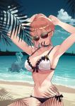  1girl absurdres arms_up bangs beach bikini breasts choker cleavage closed_mouth collarbone cowboy_shot eyebrows_visible_through_hair frilled_bikini frills front-tie_bikini front-tie_top girls_frontline hair_between_eyes hair_tie hair_tie_in_mouth highres jizhi_shaojiu lapras large_breasts leaf long_hair midriff mouth_hold navel ocean pink_hair pokemon r93_(girls_frontline) sand side-tie_bikini sidelocks sitting sunglasses swimsuit water 