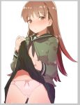  1girl black_neckwear brown_eyes brown_hair caburi commentary_request cowboy_shot green_sailor_collar green_serafuku green_skirt highres kantai_collection long_hair looking_at_viewer neckerchief no_bra ooi_(kantai_collection) open_clothes panties pink_panties pleated_skirt sailor_collar school_uniform serafuku simple_background skirt skirt_lift solo standing underwear white_background 