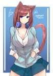  1girl absurdres animal_ears aqua_skirt blue_cardigan blue_eyes breasts brown_hair cardigan cat_ears cat_girl cat_tail cleavage closed_mouth collared_shirt commentary go-toubun_no_hanayome harmhaunters headphones headphones_around_neck highres large_breasts long_hair looking_at_viewer nakano_miku pleated_skirt shirt skirt solo tail white_shirt 