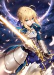  1girl ahoge armor armored_dress artoria_pendragon_(all) blonde_hair blue_ribbon braid breasts commentary_request dress excalibur eyebrows_visible_through_hair fate/stay_night fate_(series) feathers gabiran gauntlets green_eyes hair_between_eyes hair_ribbon holding holding_sword holding_weapon looking_at_viewer puffy_sleeves ribbon saber short_hair solo sword weapon white_feathers 