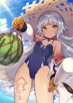  1girl ass_visible_through_thighs azur_lane bangs baseball_cap blue_sky blue_swimsuit blush breasts brown_eyes brown_headwear casual_one-piece_swimsuit closed_mouth cloud commentary covered_navel day eyebrows_visible_through_hair food fruit gloves hat headpiece highres holding holding_baseball_bat horizon iron_cross jacket long_hair long_sleeves looking_at_viewer mole mole_under_eye ocean off_shoulder one-piece_swimsuit open_clothes open_jacket orange_gloves outdoors puffy_long_sleeves puffy_sleeves silver_hair sky small_breasts solo sparkle standing straw_hat swimsuit very_long_hair watermelon white_jacket yuko_(uc_yuk) z46_(azur_lane) 