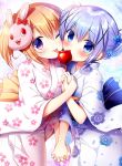  2girls ;p bangs blue_eyes blue_flower blue_hair blue_kimono blush bunny_mask candy_apple closed_mouth commentary_request covered_mouth double_bun eyebrows_visible_through_hair fingernails floral_print flower food gochuumon_wa_usagi_desu_ka? hair_between_eyes hair_flower hair_ornament hands_together highres holding holding_food holding_hands hoto_cocoa interlocked_fingers japanese_clothes kafuu_chino kimono mask mask_on_head multiple_girls obi one_eye_closed ponytail print_kimono sasai_saji sash shared_food sidelocks smile tongue tongue_out white_kimono x_hair_ornament 