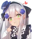  1girl :t apron bangs black_apron black_bow black_hairband blue_headwear blush bow checkered checkered_bow closed_mouth commentary eyebrows_visible_through_hair facial_mark finger_to_cheek frilled_apron frills girls_frontline gradient gradient_background green_eyes grey_background grey_hair hair_between_eyes hair_bow hair_ornament hairband hat highres hk416_(girls_frontline) long_hair long_sleeves meow_nyang mini_hat nose_blush shirt solo spread_legs tilted_headwear two_side_up upper_body white_background white_shirt 