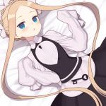  1girl :o abigail_williams_(fate/grand_order) bangs bed_sheet bell_(oppore_coppore) black_dress blonde_hair blue_eyes blush butterfly_hair_ornament commentary_request dress dutch_angle fate/grand_order fate_(series) forehead hair_ornament hands_up heart heroic_spirit_chaldea_park_outfit key long_hair long_sleeves lying on_back parted_bangs parted_lips shirt sidelocks sleeveless sleeveless_dress sleeves_past_fingers sleeves_past_wrists solo very_long_hair white_shirt 
