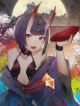  1girl :d alcohol bangs bare_shoulders blunt_bangs bob_cut cup fangs fate/grand_order fate_(series) full_moon hair_ornament harukagi horns japanese_clothes looking_at_viewer moon oni oni_horns open_mouth outdoors purple_eyes purple_hair sakazuki sake short_hair shuten_douji_(fate/grand_order) smile solo wide_sleeves 