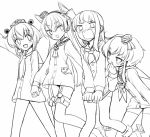  4girls adapted_costume amatsukaze_(kantai_collection) commentary_request dress dress_pull embarrassed feet_out_of_frame garter_straps hair_tubes hat hatsukaze_(kantai_collection) headgear headset holding_hands kantai_collection lineart long_hair mini_hat monaka_ooji monochrome multiple_girls neckerchief open_mouth rudder_footwear sailor_collar sailor_dress sailor_shirt shirt short_dress short_hair simple_background speaking_tube_headset thighhighs tokitsukaze_(kantai_collection) two_side_up wavy_mouth yukikaze_(kantai_collection) 