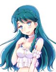  1girl :d arm_strap bangs blue_bra blue_eyes blue_hair blush bra braid breasts character_request choker cleavage collared_jacket crown_braid eyebrows_visible_through_hair floating_hair frilled_shirt frills head_tilt kaatsukun long_hair medium_breasts midriff open_mouth precure ribbon ribbon_choker shirt simple_background sleeveless sleeveless_shirt smile solo stomach striped striped_shirt underwear upper_body very_long_hair white_background white_ribbon white_shirt 