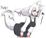  1girl :d animal_ear_fluff animal_ears bangs black_dress blue_eyes blush breasts commentary_request cowboy_shot dress eyebrows_visible_through_hair fang fox_ears fox_girl fox_tail hair_ribbon leaning_forward long_hair long_sleeves looking_at_viewer low-tied_long_hair medium_breasts open_mouth original ribbon shirt sidelocks simple_background sleeveless sleeveless_dress smile solo tail tail_wagging translation_request u-non_(annon&#039;an) white_background white_hair white_ribbon white_shirt 