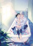  2boys ^_^ barefoot bathtub black_hair blurry claw_foot_bathtub closed_eyes clothed_bath collared_shirt curtains depth_of_field hug hug_from_behind katsuki_yuuri kuroemon male_focus multiple_boys open_mouth partially_submerged petals plant shirt silver_hair smile viktor_nikiforov water window yaoi yuri!!!_on_ice 