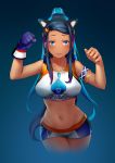  1girl absurdres animal_ears armlet artist_request bare_shoulders black_hair blue_background blue_eyes blue_hair blush breasts cat_ears collarbone commentary_request dark_skin earrings gloves gym_leader hair_bun highres hoop_earrings jewelry large_breasts long_hair looking_at_viewer multicolored_hair navel necklace pokemon pokemon_(game) rurina_(pokemon) simple_background single_glove solo swimsuit two-tone_hair 