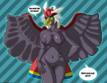  anthro anthrofied avian braviary breasts clothing dialogue digital_media_(artwork) feathered_wings feathers female hat headgear headwear hi_res nintendo nipples non-mammal_breasts nude one_eye_closed pok&eacute;mon pok&eacute;mon_(species) pok&eacute;morph pussy solo text video_games wings wink zp92 