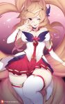  2017 9_tails ;p absolute_territory ahri_(lol) animal_humanoid areola big_breasts blonde_hair bottomwear breasts canid canid_humanoid canine canine_humanoid clothed clothing female fox_humanoid fox_tail gesture hair humanoid league_of_legends legwear looking_at_viewer magical_girl_outfit mammal mammal_humanoid multi_tail nanoless not_furry one_eye_closed purple_eyes pussy riot_games school_uniform skirt solo thigh_highs tongue tongue_out uniform v_sign video_games wink 