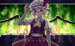  1girl absurdres character_name closed_mouth dress_shirt eit_(ikeuchi) flandre_scarlet hair_between_eyes hat highres pleated_skirt red_eyes red_skirt shiny shiny_hair shirt short_hair short_sleeves silver_hair skirt solo standing touhou white_headwear white_shirt wings 