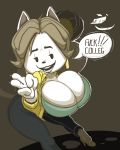  2019 absurd_res anthro big_breasts breasts canid canine cleavage clothed clothing ear_piercing english_text felid female fur gesture hi_res huge_breasts mammal open_mouth piercing simple_background sixsidesofmyhead solo speech_bubble tem temmie_(undertale) text undertale v_sign video_games white_fur 