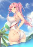  1girl absurdres animal ass ball bare_arms bare_shoulders beachball bird blue_sky blush breasts cloud cloudy_sky commentary_request darling_in_the_franxx day fingernails green_eyes hand_on_hip highres holding horns large_breasts lips one-piece_swimsuit outdoors palm_leaf palm_tree parted_lips pink_hair red_horns seagull sgt-jz shiny shiny_clothes shiny_hair shiny_skin sidelocks sky smile solo sunlight swimsuit thighs tied_hair tree wading water water_drop wet zero_two_(darling_in_the_franxx) 