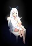  1girl absurdres artist_request bare_legs barefoot blue_eyes breasts chair cleavage collarbone commentary_request dark_background eyebrows_visible_through_hair final_gear highres large_breasts logn_hair long_hair looking_at_viewer on_chair shirt simple_background sitting solo white_hair white_shirt 